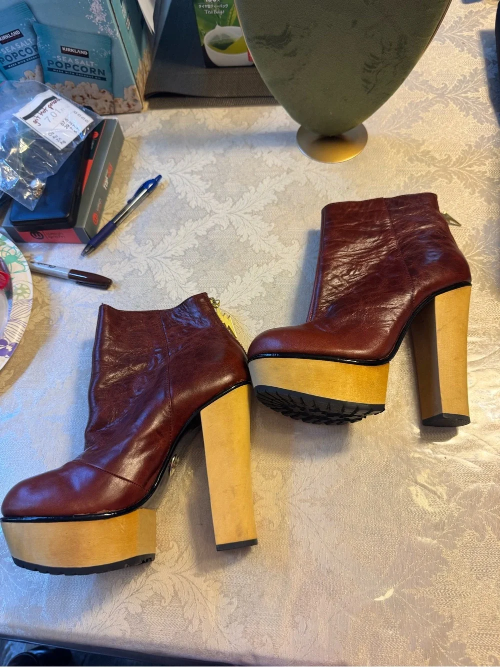 Betsey Johnson Maybill Cognac Leather Platform Boots Wood Block Heel 8M